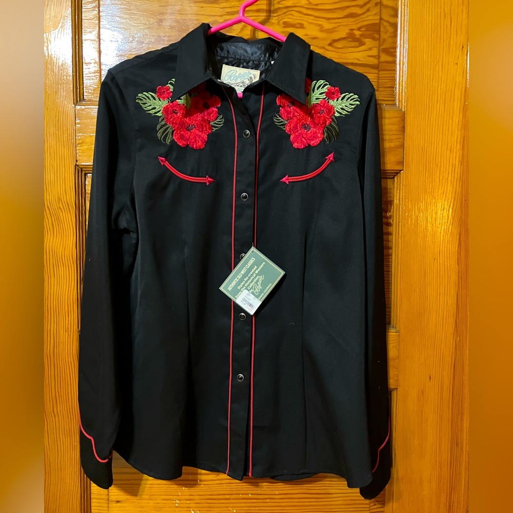 Black Red Roper Classics Chain-Stitch Embroidered Snap-Front Western Shirt NWT